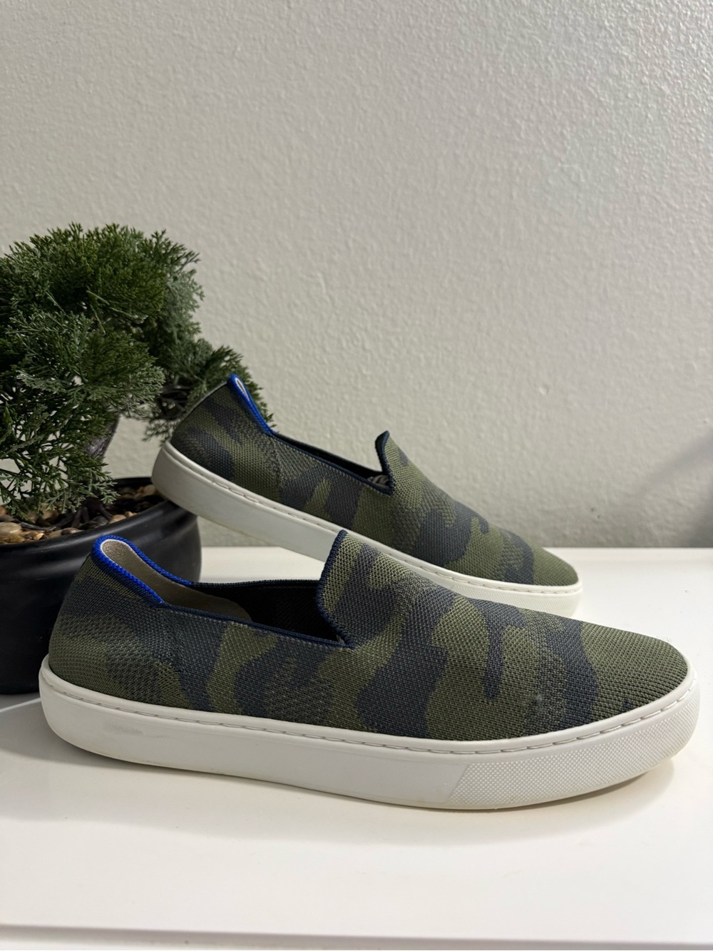 Rothy's size 10 Green and Black Camo Slip-On Sneakers with Blue Heel Trim